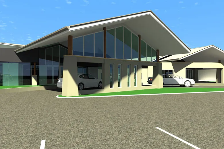 Exterior view of modern A-frame building.